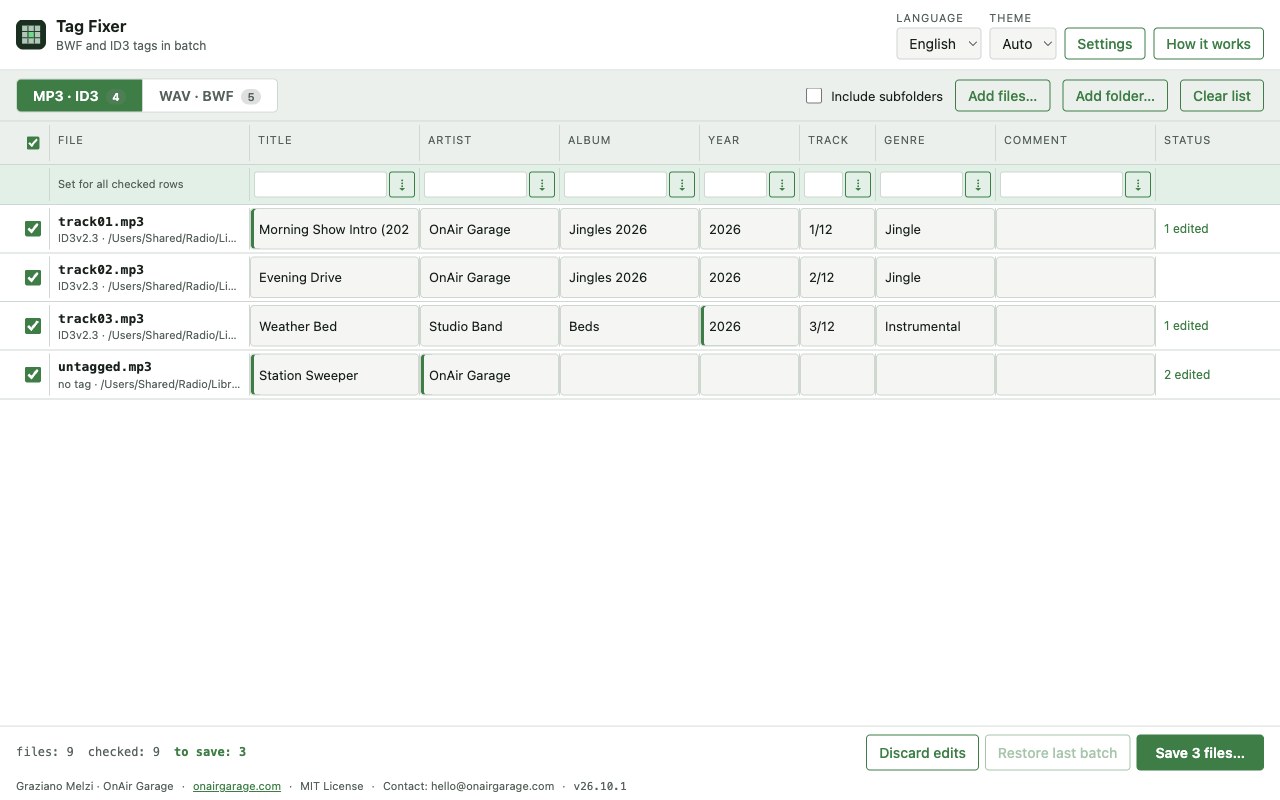 MP3 tab: ID3 tags with the edited cells highlighted